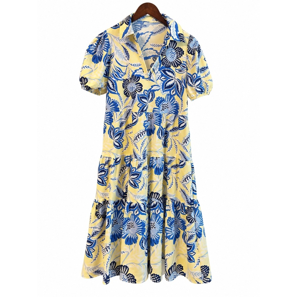 Jude Connally Hadley Dress Women Medium Yellow Blue Floral EUC Tiered Midi Puff